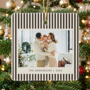 Modern Brown Stripes Custom Photo Christmas Ceramic Ornament