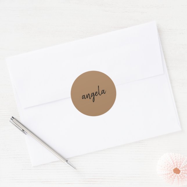 Modern brown stylish custom name classic round sticker (Envelope)