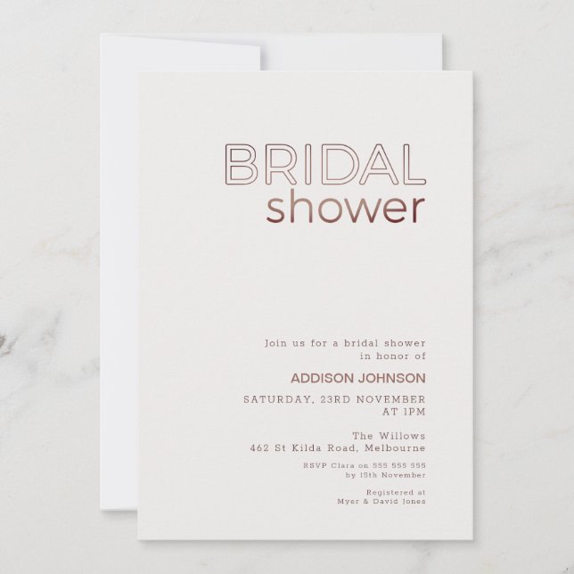 Modern Brown Text Minimalist Bridal Shower Invitation (Front)