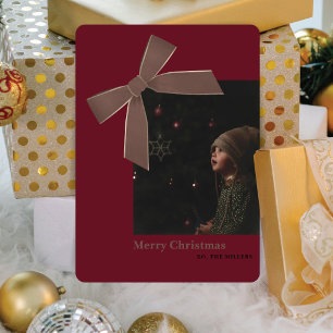 Modern Brown Velvet Bow Photo Christmas Card