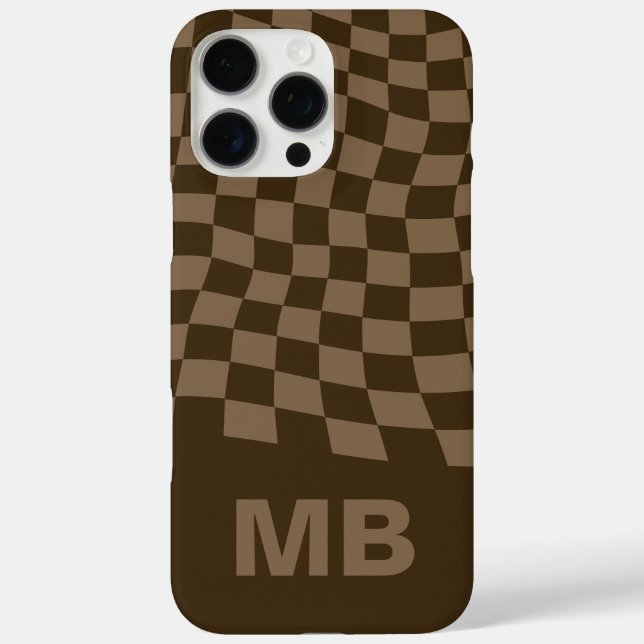 Modern Brown Wavy Chequered Pattern Monogram Case-Mate iPhone Case (Back)