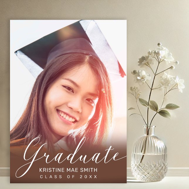 Modern Brown White Calligraphy Photo Graduation  Invitation (Brown with White Calligraphy Script Photo Graduation Announcement and Party Invitation)