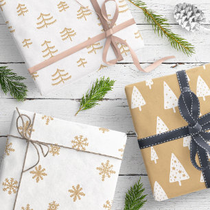 Modern Brown & White Christmas Trees Snowflakes Wrapping Paper Sheet