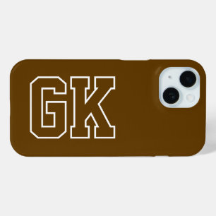 Modern Brown White Varsity Monogram Initials iPhone 15 Case