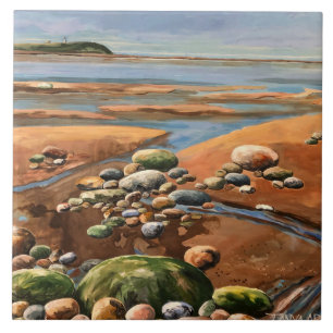 Modern Browns /Greens Seashore Beach Ocean Scene Tile