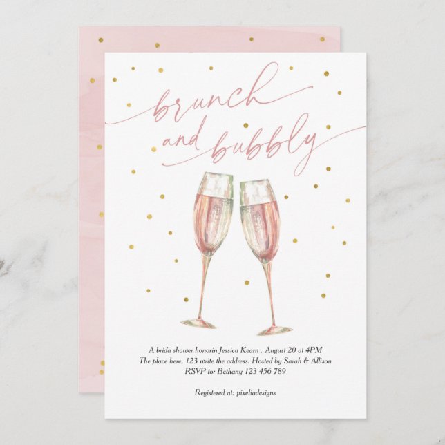 Modern brunch and bubbly, champagne bridal shower invitation (Front/Back)
