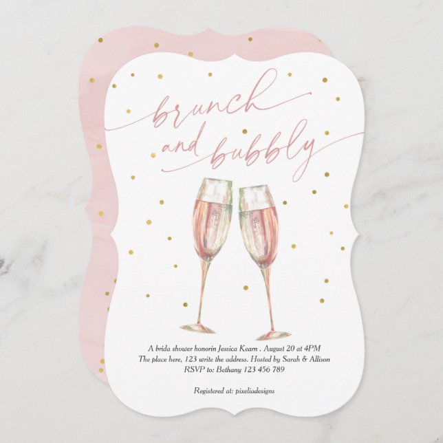 Modern brunch and bubbly, champagne bridal shower  invitation (Front/Back)