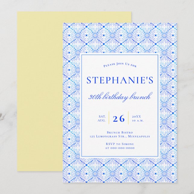 Modern Brunch Blue Portuguese Tiles 30th Birthday Invitation (Front/Back)