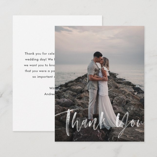 Modern Brush Calligraphy Script Wedding Photo Thank You Card (Front/Back)