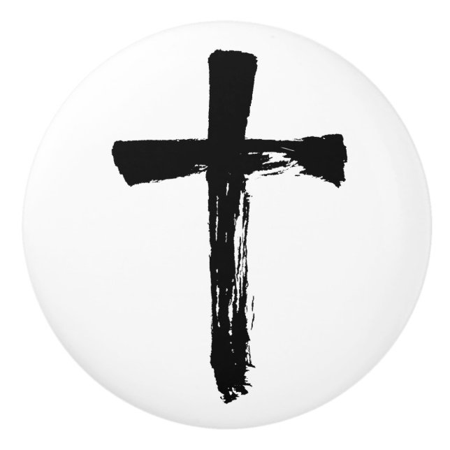 Modern Brush Cross - Christian Artistic Crucifix C Ceramic Knob (Front)