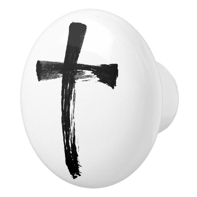 Modern Brush Cross - Christian Artistic Crucifix Ceramic Knob (Right)