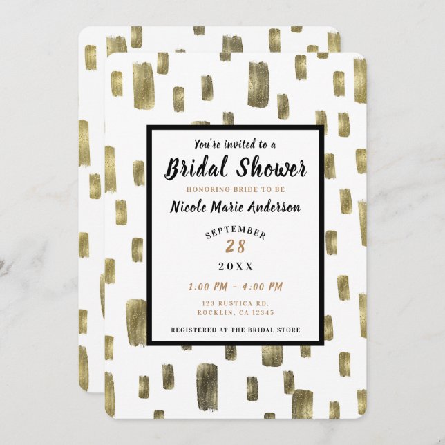 Modern Brush Gold Copper Bronze Bridal Shower Invitation (Front/Back)
