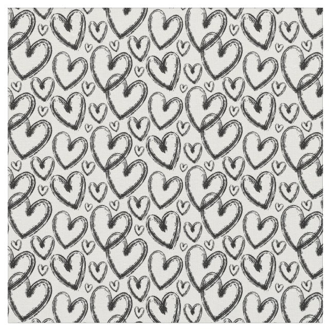 Modern Brush Heart Black White Pattern Fabric (Close Up)