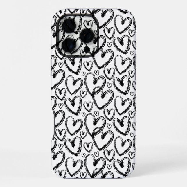 Modern Brush Heart Black White Pattern iPhone Case (Back)