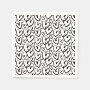 Modern Brush Heart Black White Pattern Napkin