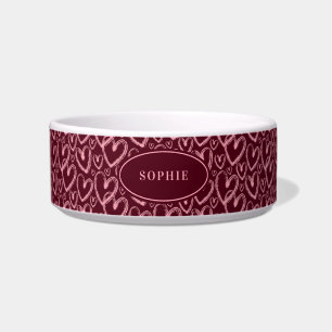 Modern Brush Heart Burgundy Pink Personalized Pet Bowl