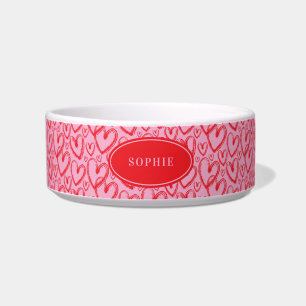 Modern Brush Heart Pink Red Personalized Pet Bowl
