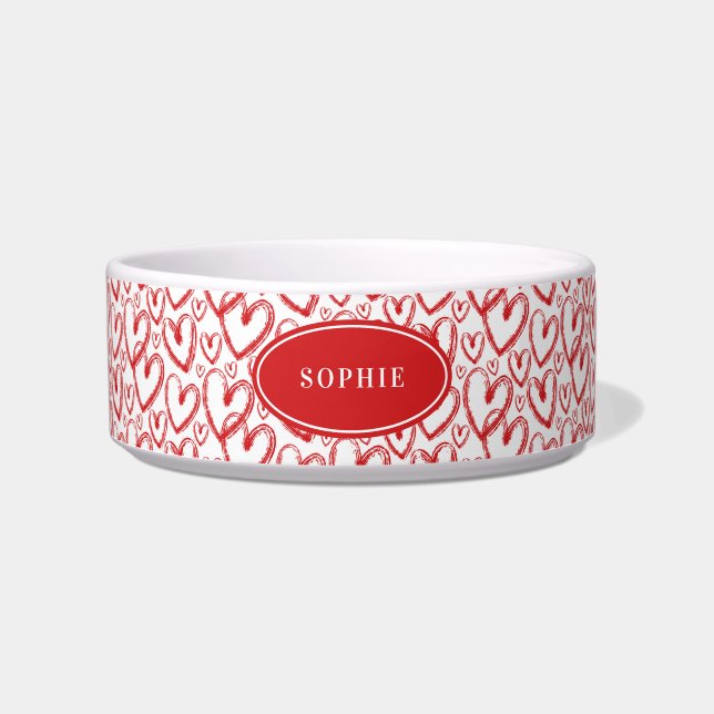 Modern Brush Heart Red White Personalised Pet Bowl (Front)