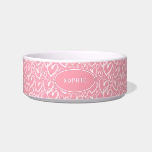 Modern Brush Heart White Pink Personalised Bowl (Front)