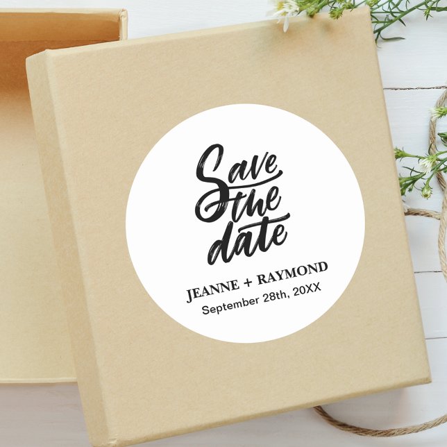 Modern Brush Lettered Custom Save the Date Wedding Classic Round Sticker (Creator Uploaded)