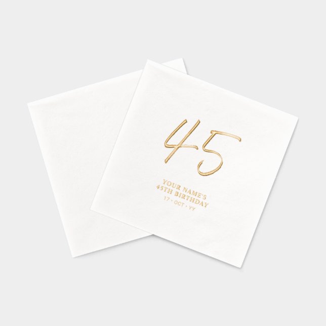 Modern Brush Lettering 45th Birthday Party Foil Napkins (Back)
