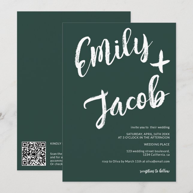 Modern brush names green qr code wedding invitation (Front/Back)