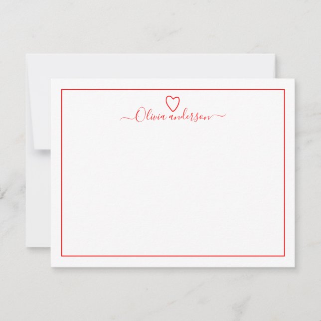 Modern Brush Red  Heart Personalised Note Card (Front)