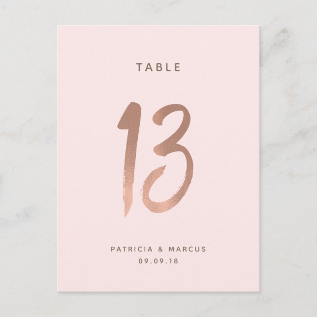 Modern Brush Rose Gold Wedding Table number 13 Postcard (Front)