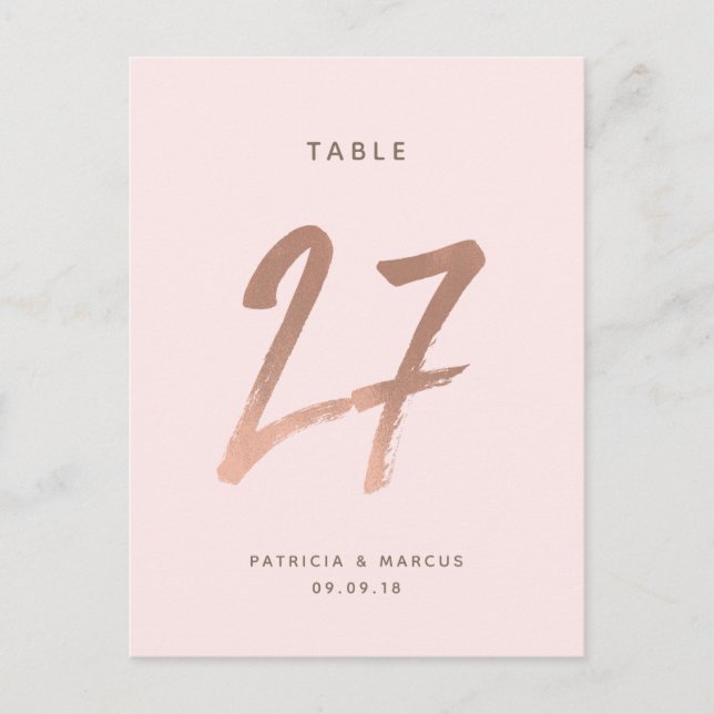 Modern Brush Rose Gold Wedding Table number 27 Postcard (Front)