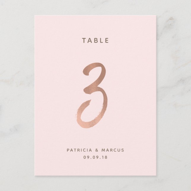 Modern Brush Rose Gold Wedding Table number 3 Postcard (Front)