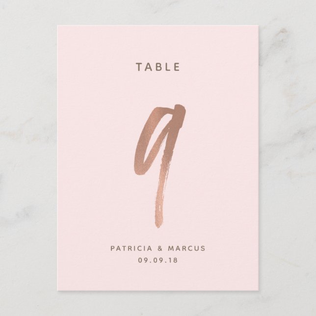 Modern Brush Rose Gold Wedding Table number 9 Postcard (Front)