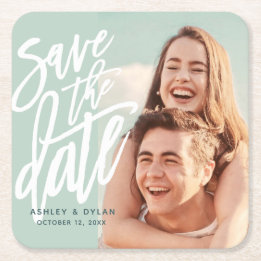 Modern Brush Save the Date Announcement Square Paper Coaster