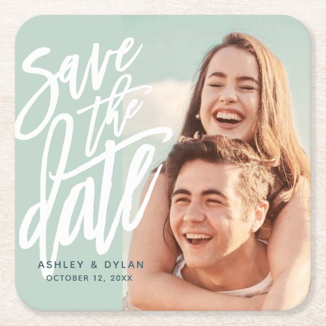 Modern Brush Save the Date Announcement Square Paper Coaster (Front)