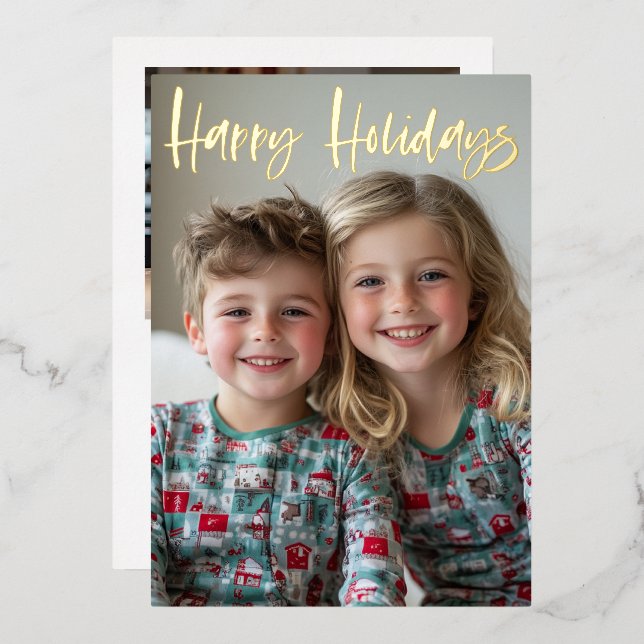Modern Brush Script 2 Photo Christmas Foil Holiday Card (Front/Back)