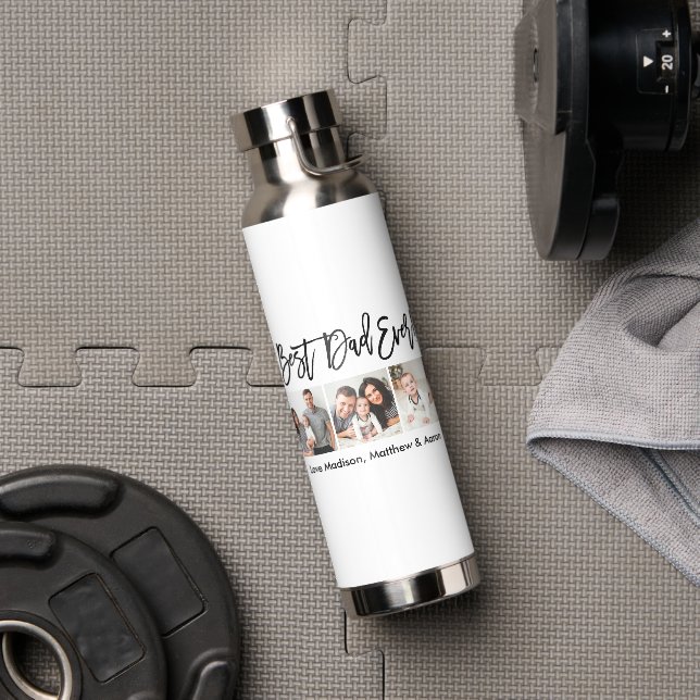 Modern Brush Script 3 Photo Best Dad Ever Water Bottle (Gym)