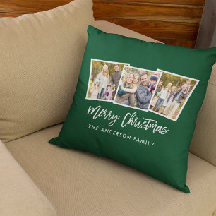 Modern Brush Script 3 Photo Christmas Green Cushion