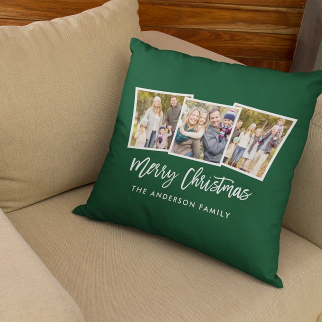 Modern Brush Script 3 Photo Christmas Green Cushion (Customize to change your personalized text size, style or add more text.)