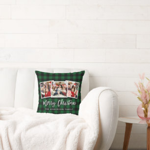 Modern Brush Script 3 Photo Christmas Green Plaid Cushion