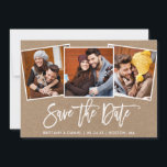 Modern Brush Script 3 Photo Collage Kraft Save The Date<br><div class="desc">Modern Brush Script Couple 3 Photo Save The Date Engagement Announcement Kraft Card</div>