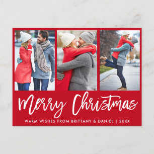 Modern Brush Script 3 Photo Couple Christmas Red Postcard
