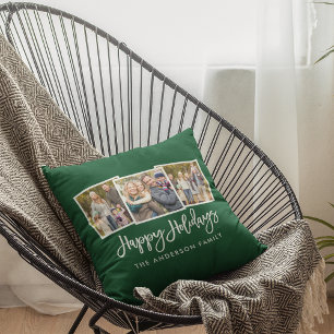 Modern Brush Script 3 Photo Holidays Green Cushion