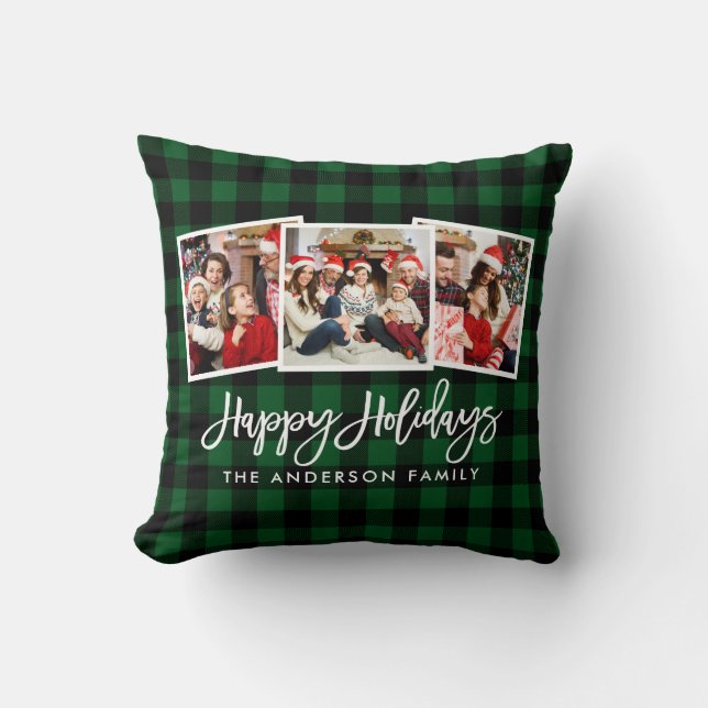 Modern Brush Script 3 Photo Holidays Green Plaid Cushion (Front)