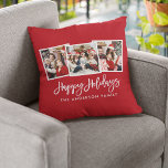 Modern Brush Script 3 Photo Holidays Red Cushion<br><div class="desc">Modern Brush Script 3 Photo Happy Holidays Red Pillow</div>