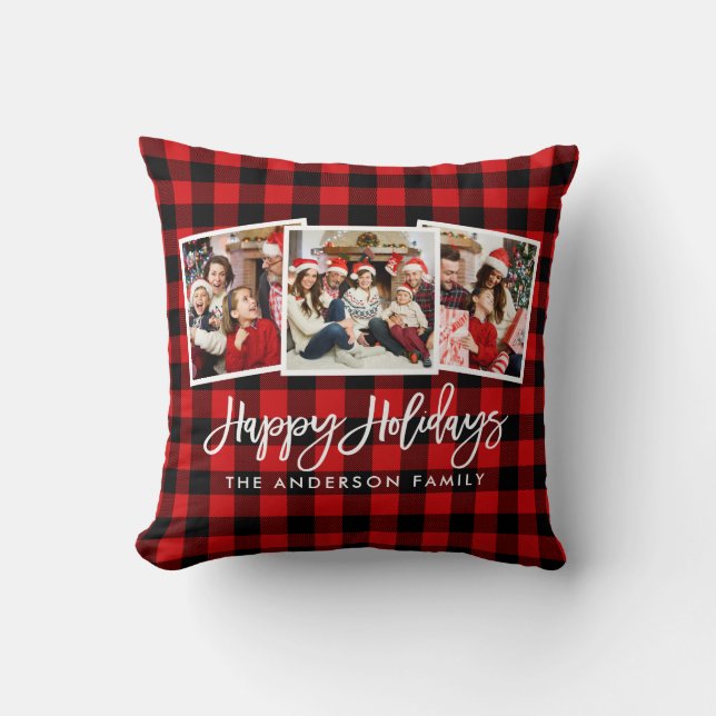 Modern Brush Script 3 Photo Holidays Red Plaid Cushion (Front)