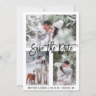Modern Brush Script 3 Photo Save The Date Card