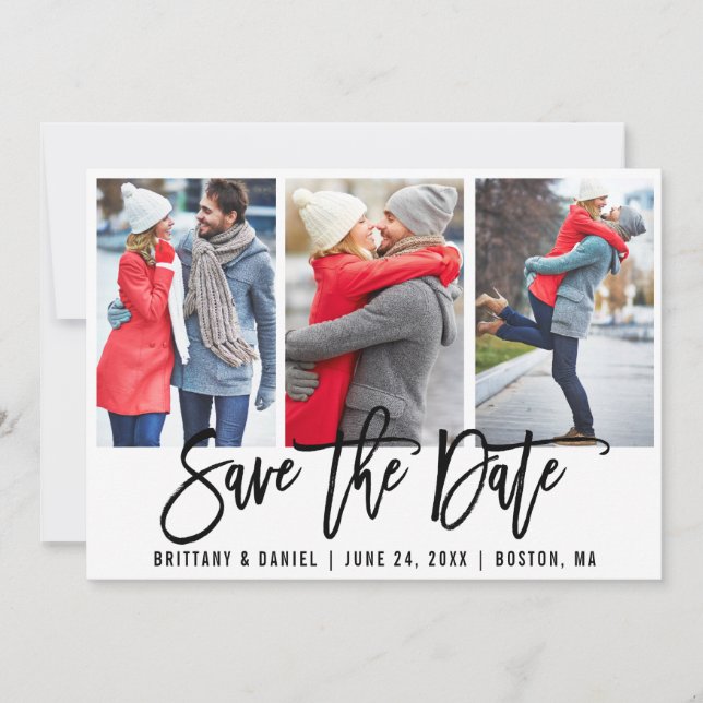 Modern Brush Script 3 Photo Save The Date Wht Card (Front)