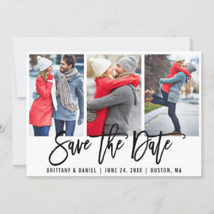 Modern Brush Script 3 Photo Save The Date Wht Card