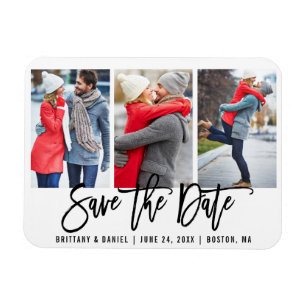 Modern Brush Script 3 Photo Save The Date Wht Magnet