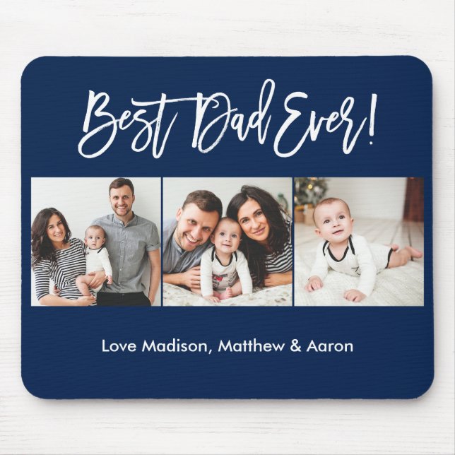Modern Brush Script 3 Photos Best Dad Ever Blue Mouse Mat (Front)