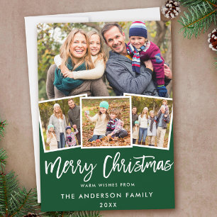 Modern Brush Script 4 Photo Christmas Green Holiday Card